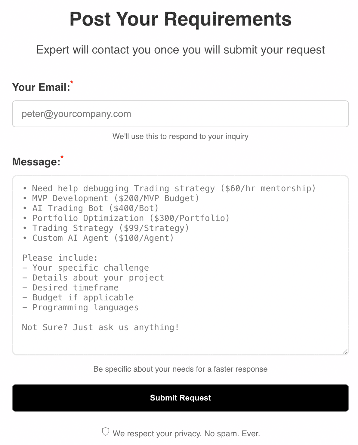 Professional Services: Trading Debugging $60/hr, MVP Development $200, AI Trading Bot $400, Portfolio Optimization $300, Trading Strategy $99, Custom AI Agent $100. Contact for expert help.